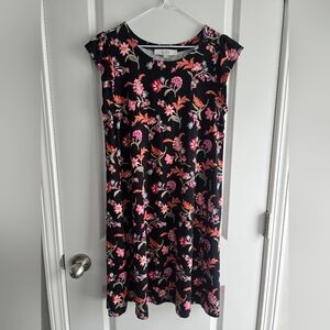 LOFT Black Mini Dress with Pink and Orange Floral Design